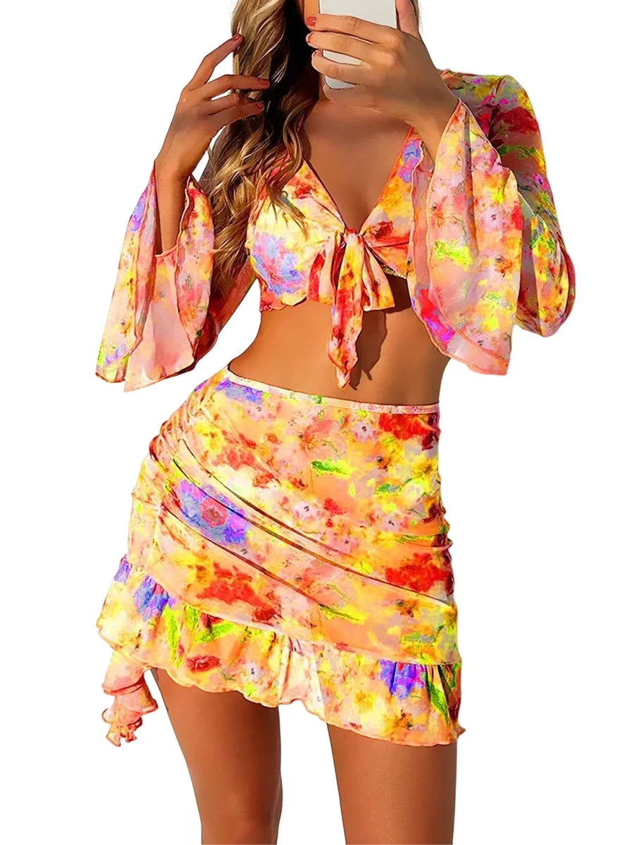 2025 Women's Summer Bikini 4 Pcs Set Floral Print Halter Bra with Low Waist Thong Long Sleeve Crop Tops Skirt Swimsuit