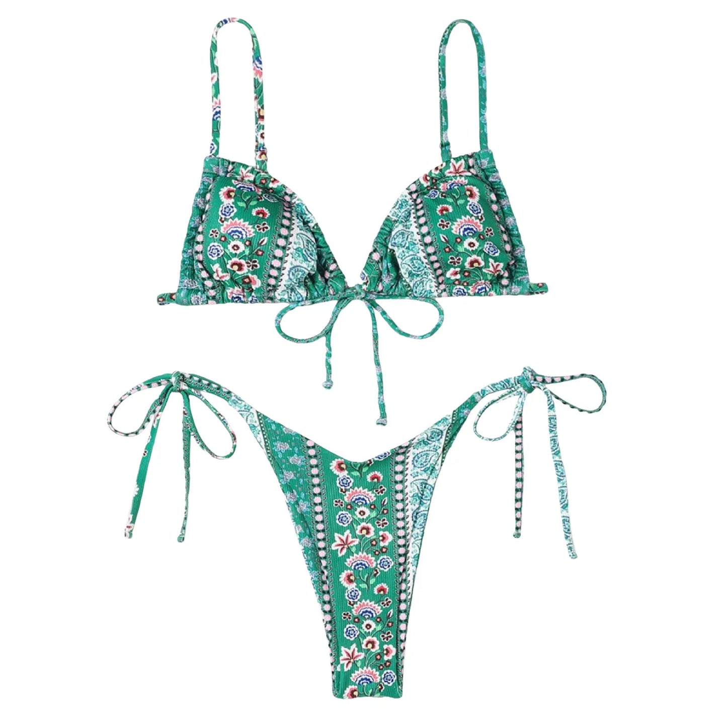 Sexy Bikini Suits Women Vintage Print Low Waist Thin Strap Lace Up Split Swimwear Women Adjustable Size Swim Suits Sexy Lingerie