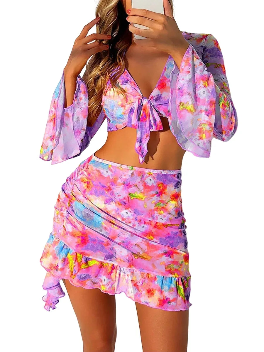 2025 Women's Summer Bikini 4 Pcs Set Floral Print Halter Bra with Low Waist Thong Long Sleeve Crop Tops Skirt Swimsuit