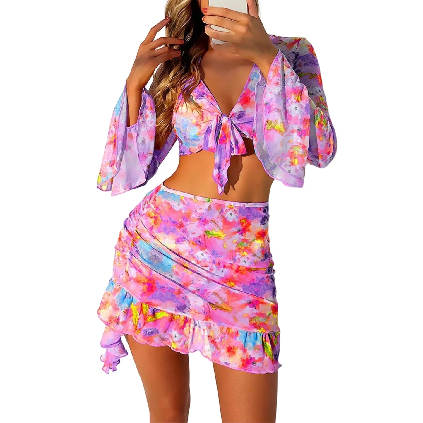 2025 Women's Summer Bikini 4 Pcs Set Floral Print Halter Bra with Low Waist Thong Long Sleeve Crop Tops Skirt Swimsuit