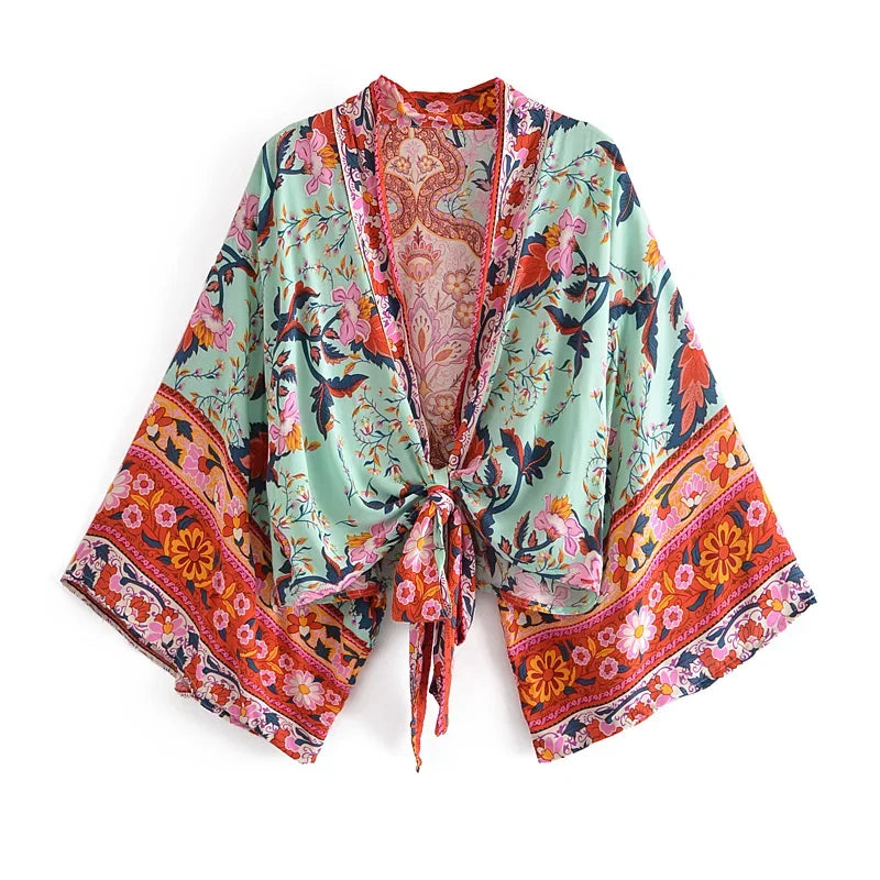 Boho Queens Vintage  Floral Print Sashes Short  Kimono Women New Fashion V Neck Batwing Sleeves Ladies Beach Robe Cover-ups