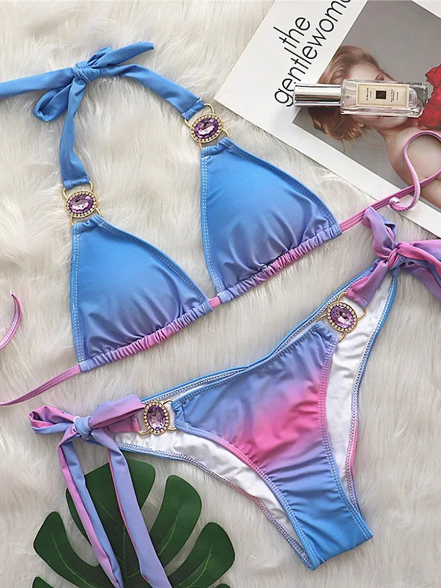 Sexy Leopard Crystal Diamond Bikini 2025 Women Swimsuit Female Halter Swimwear Two Pieces Bikini set Brazilian Bathing Suit Swim