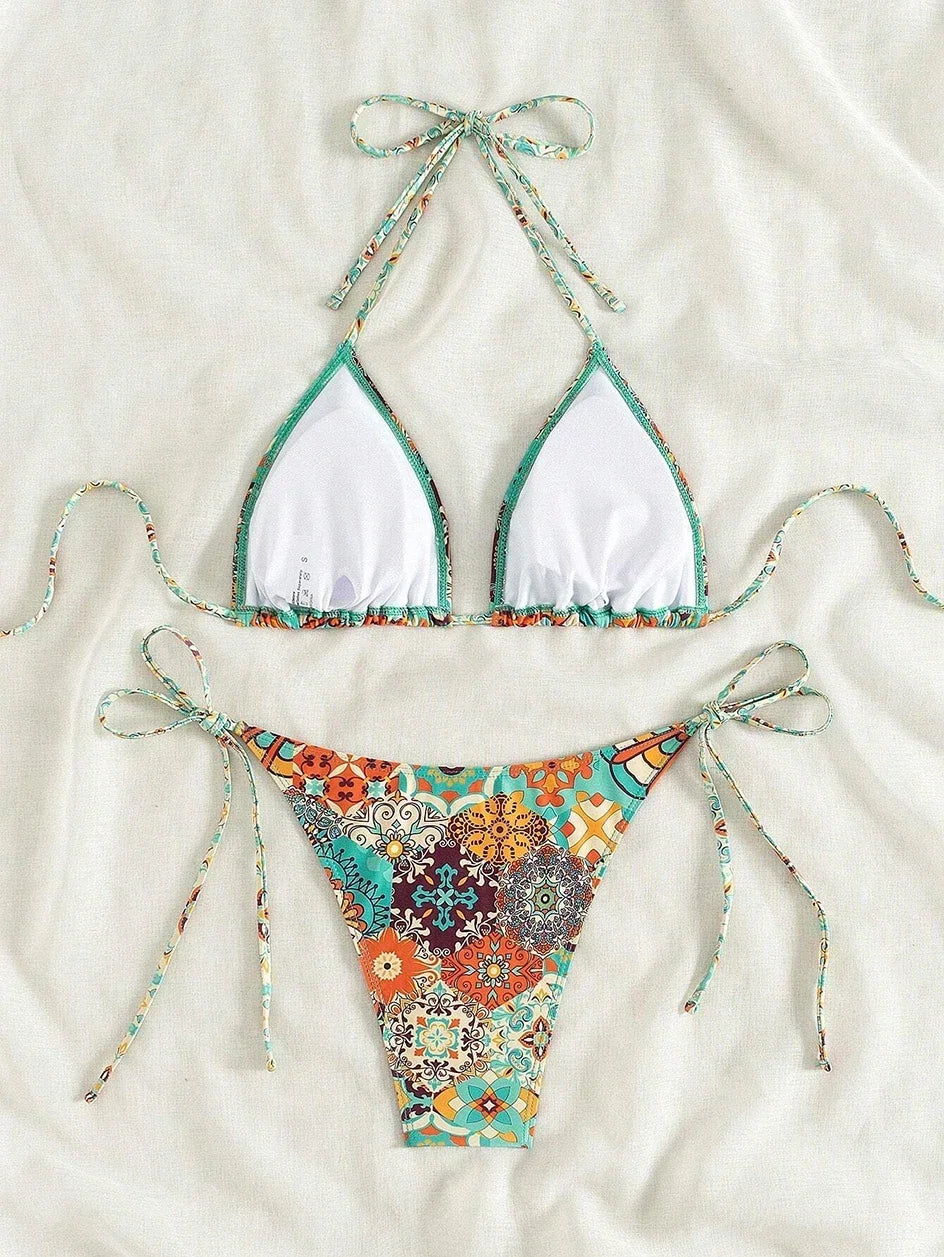 Swimsuit 2025 Female Micro Bikini Women Swimwear Summer Beachwear Women's Bathing Suit Floral Print Neck Halter Thong Bikini Set