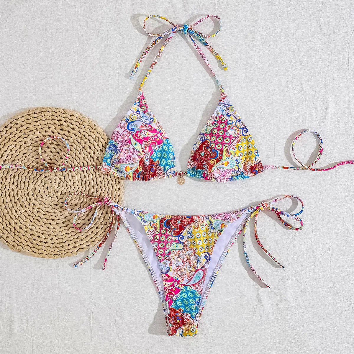 Summer Swimwear Women Sexy Backless Swimsuit 2 PCS Bikini Set Laced Up Split Bathing suit Low Waist Binding Strap Beach Bikini