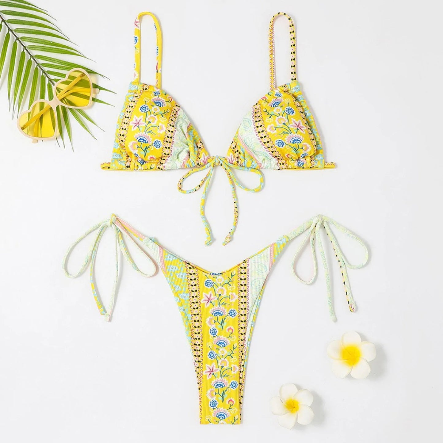 Sexy Bikini Suits Women Vintage Print Low Waist Thin Strap Lace Up Split Swimwear Women Adjustable Size Swim Suits Sexy Lingerie