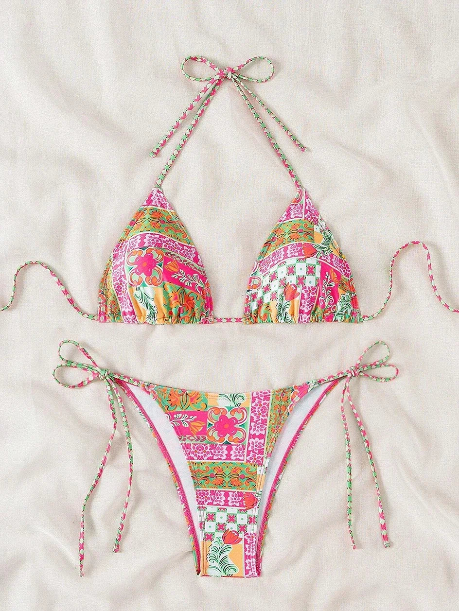 Swimsuit 2025 Female Micro Bikini Women Swimwear Summer Beachwear Women's Bathing Suit Floral Print Neck Halter Thong Bikini Set