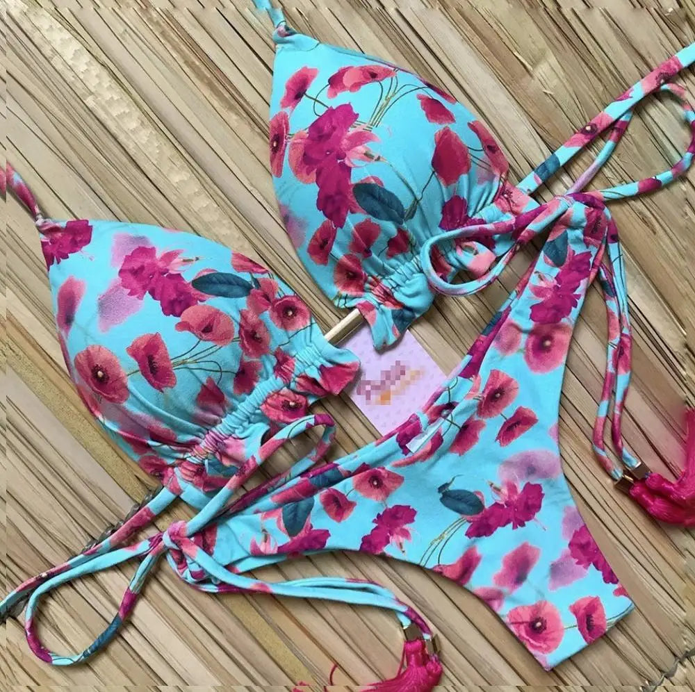 brazilian lace up push up bikini set micro swimwear designer tassels swimsuit beachwear outfit bathing suit women