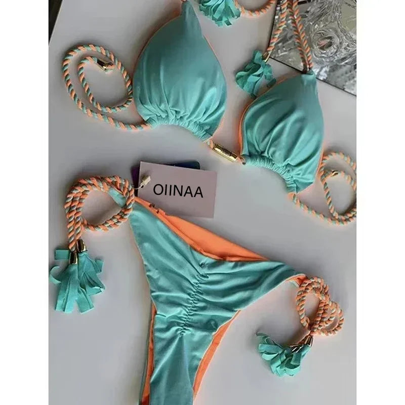 Swimsuit Women Bikinis Set Sexy Drawstring Bikini Beachwear Leopard Two-pieces Swimwear Bathing Suit Lace Up Bikini Set
