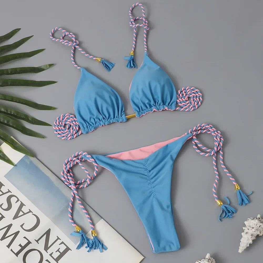 Swimsuit Women Bikinis Set Sexy Drawstring Bikini Beachwear Leopard Two-pieces Swimwear Bathing Suit Lace Up Bikini Set