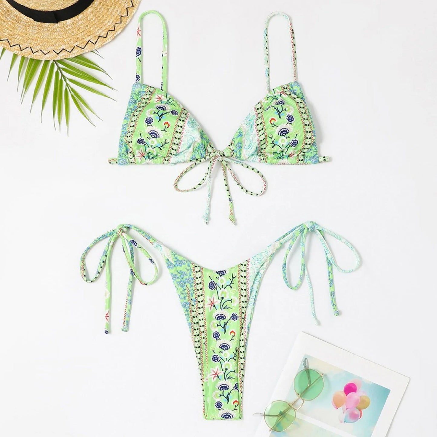 Sexy Bikini Suits Women Vintage Print Low Waist Thin Strap Lace Up Split Swimwear Women Adjustable Size Swim Suits Sexy Lingerie