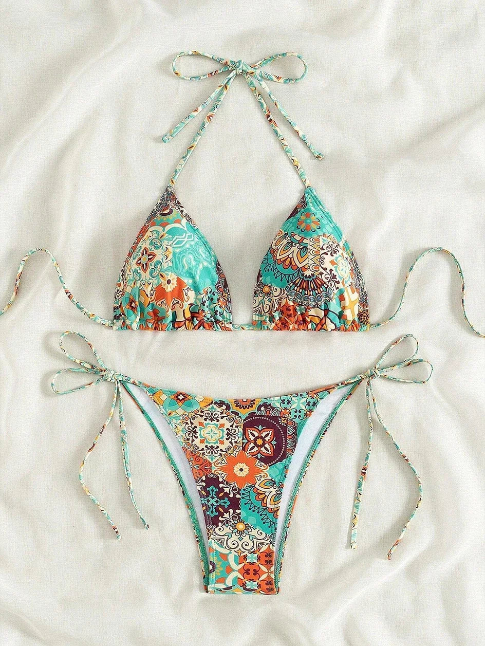 Swimsuit 2025 Female Micro Bikini Women Swimwear Summer Beachwear Women's Bathing Suit Floral Print Neck Halter Thong Bikini Set
