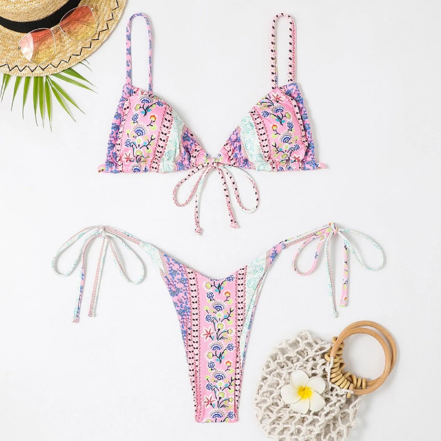Sexy Bikini Suits Women Vintage Print Low Waist Thin Strap Lace Up Split Swimwear Women Adjustable Size Swim Suits Sexy Lingerie