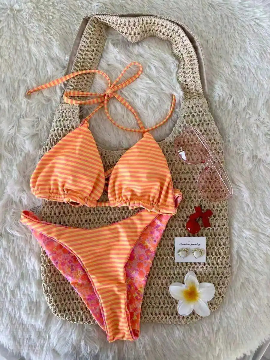 Swim Mod 2pcs/Set Women Cute Random Floral Print Reversible Halter Top And Adorable Bottoms Bikini Swimsuit Set, Holiday &