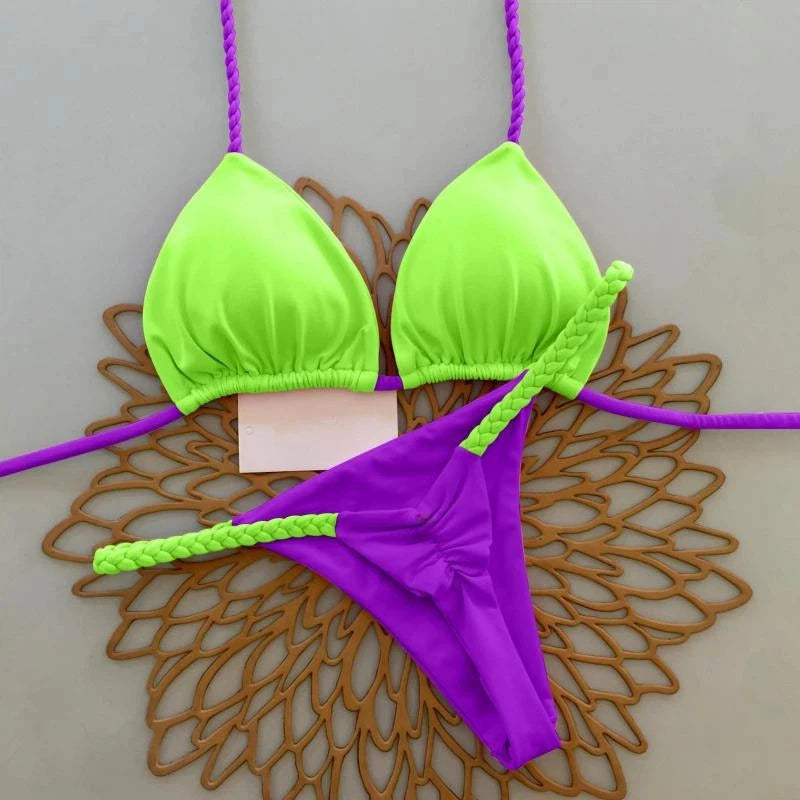 New Multicolor Printed Strap Split Swimsuit Sexy G-string Bikini