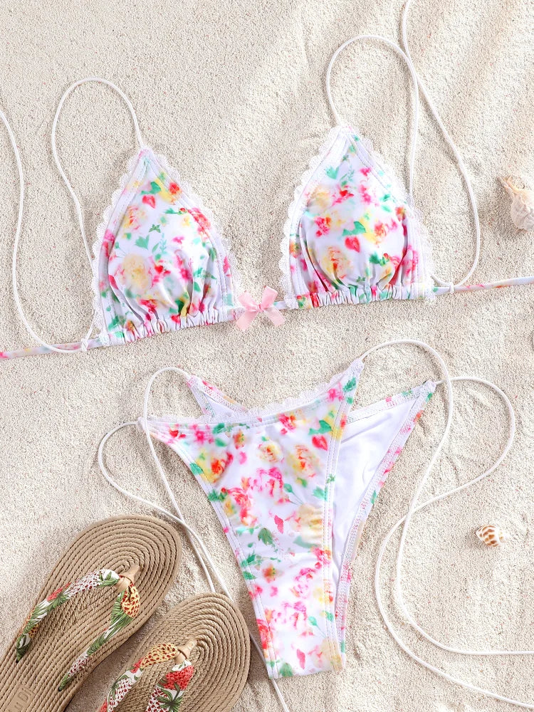 ZRTAK Triangle Lace Bikini Set Sexy Women's Swimwear 2025 Bikinis 3D Floral Print Swimsuit Micro Thong Bandage Bathing Suits