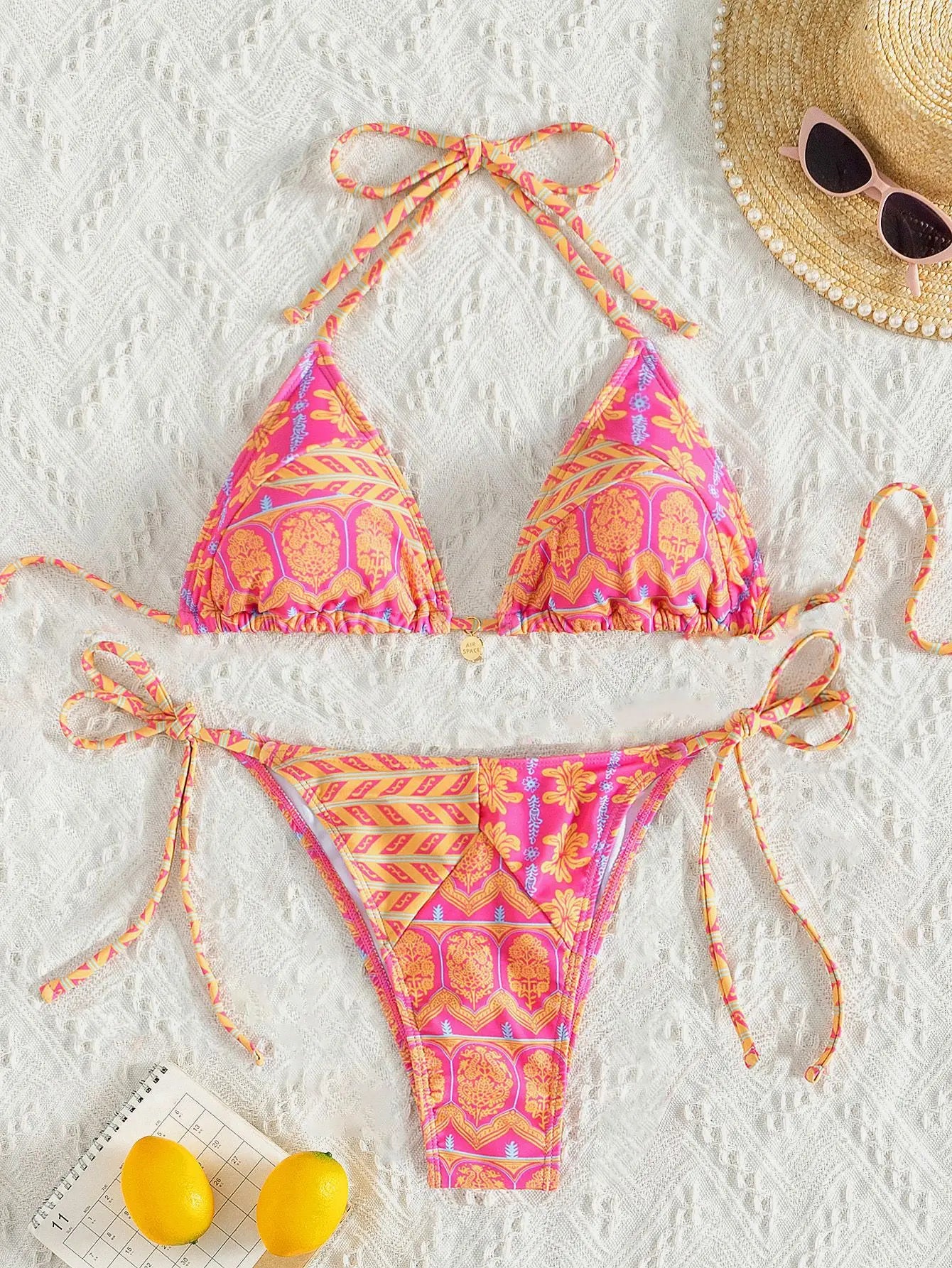 Summer Swimwear Women Sexy Backless Swimsuit 2 PCS Bikini Set Laced Up Split Bathing suit Low Waist Binding Strap Beach Bikini