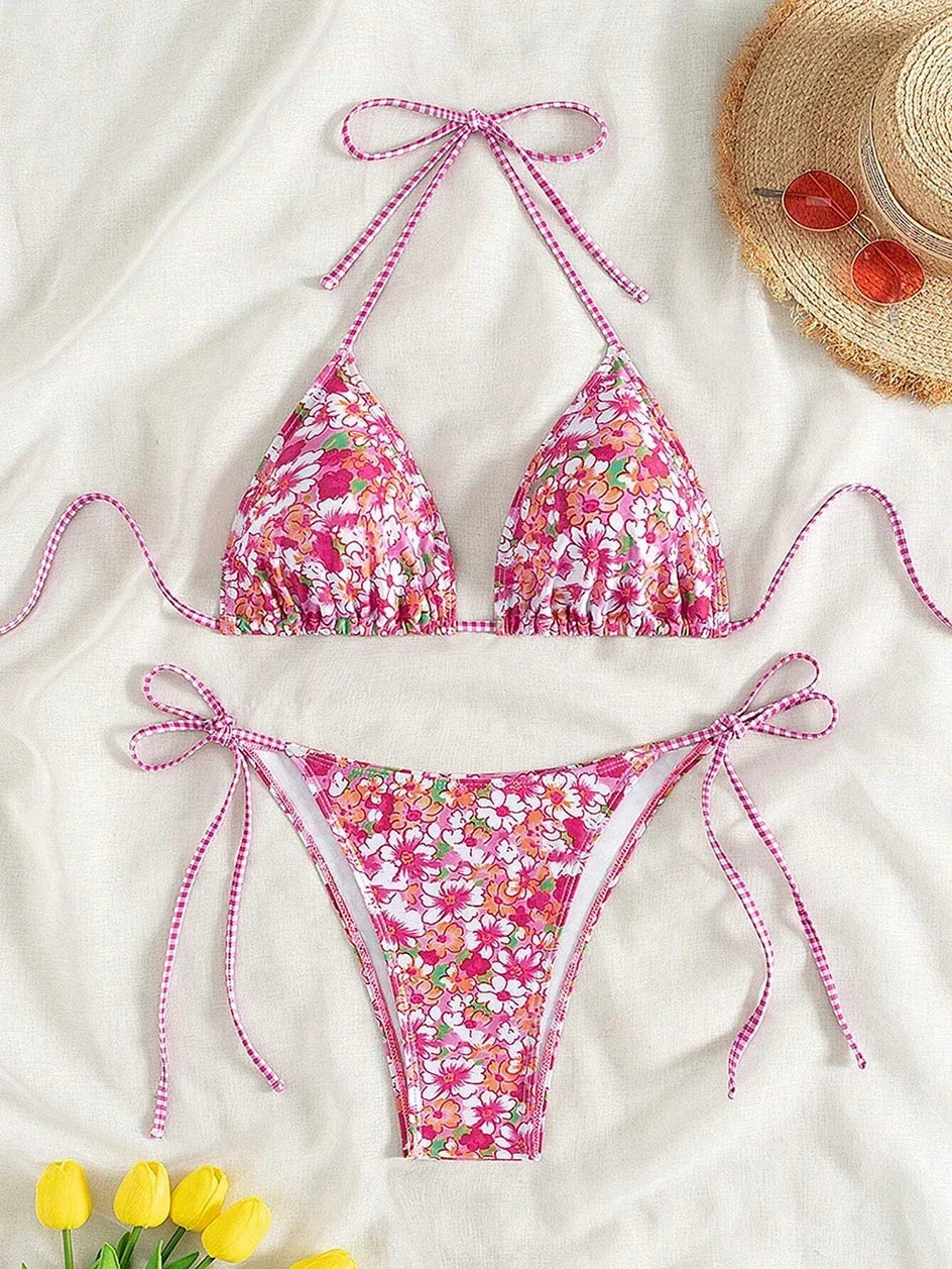 Swimsuit 2025 Female Micro Bikini Women Swimwear Summer Beachwear Women's Bathing Suit Floral Print Neck Halter Thong Bikini Set