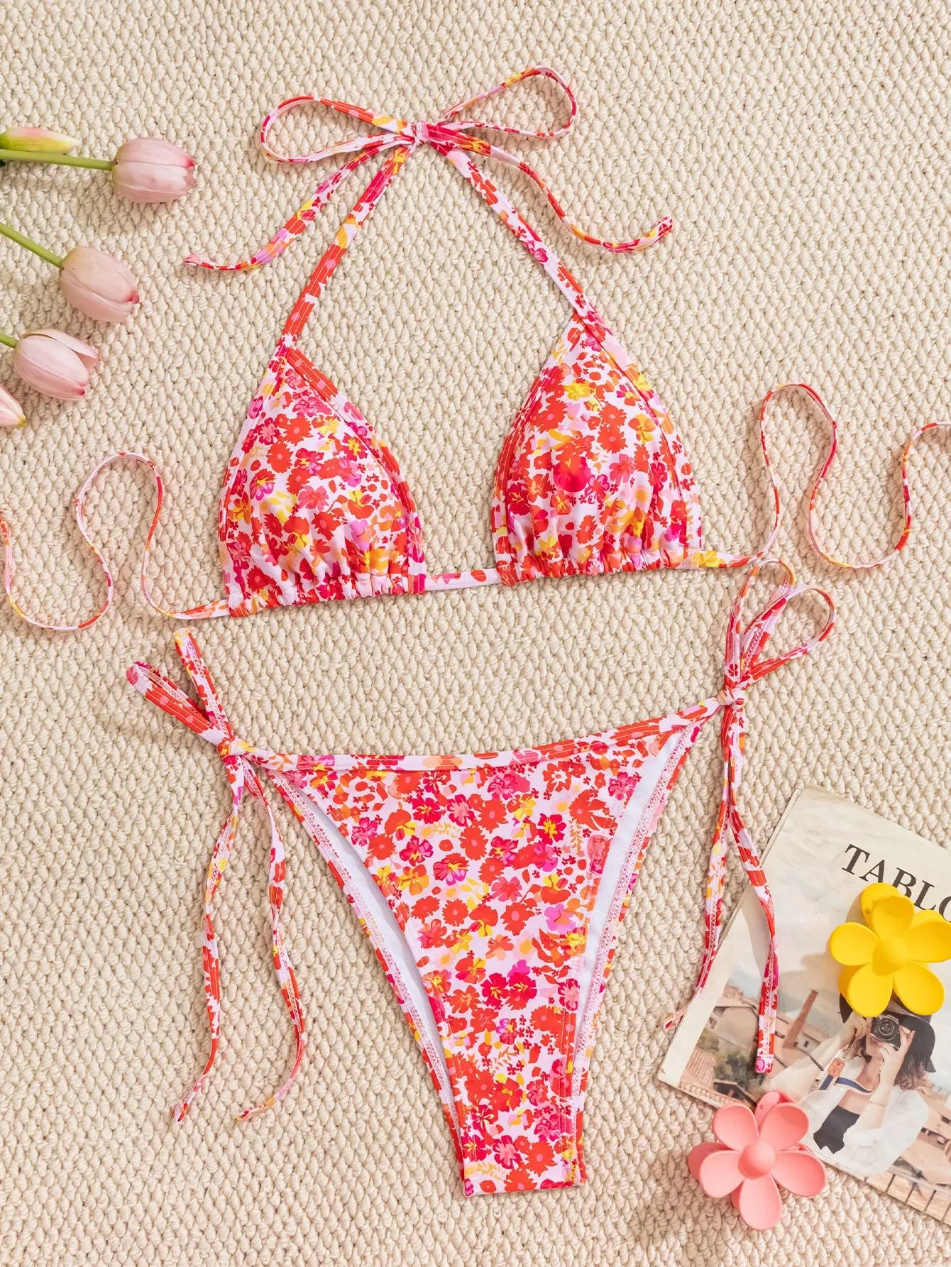 Summer Swimwear Women Sexy Backless Swimsuit 2 PCS Bikini Set Laced Up Split Bathing suit Low Waist Binding Strap Beach Bikini