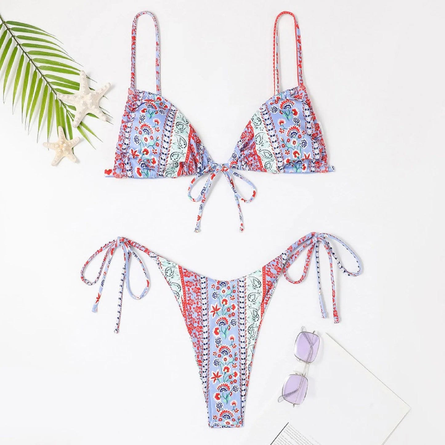 Sexy Bikini Suits Women Vintage Print Low Waist Thin Strap Lace Up Split Swimwear Women Adjustable Size Swim Suits Sexy Lingerie