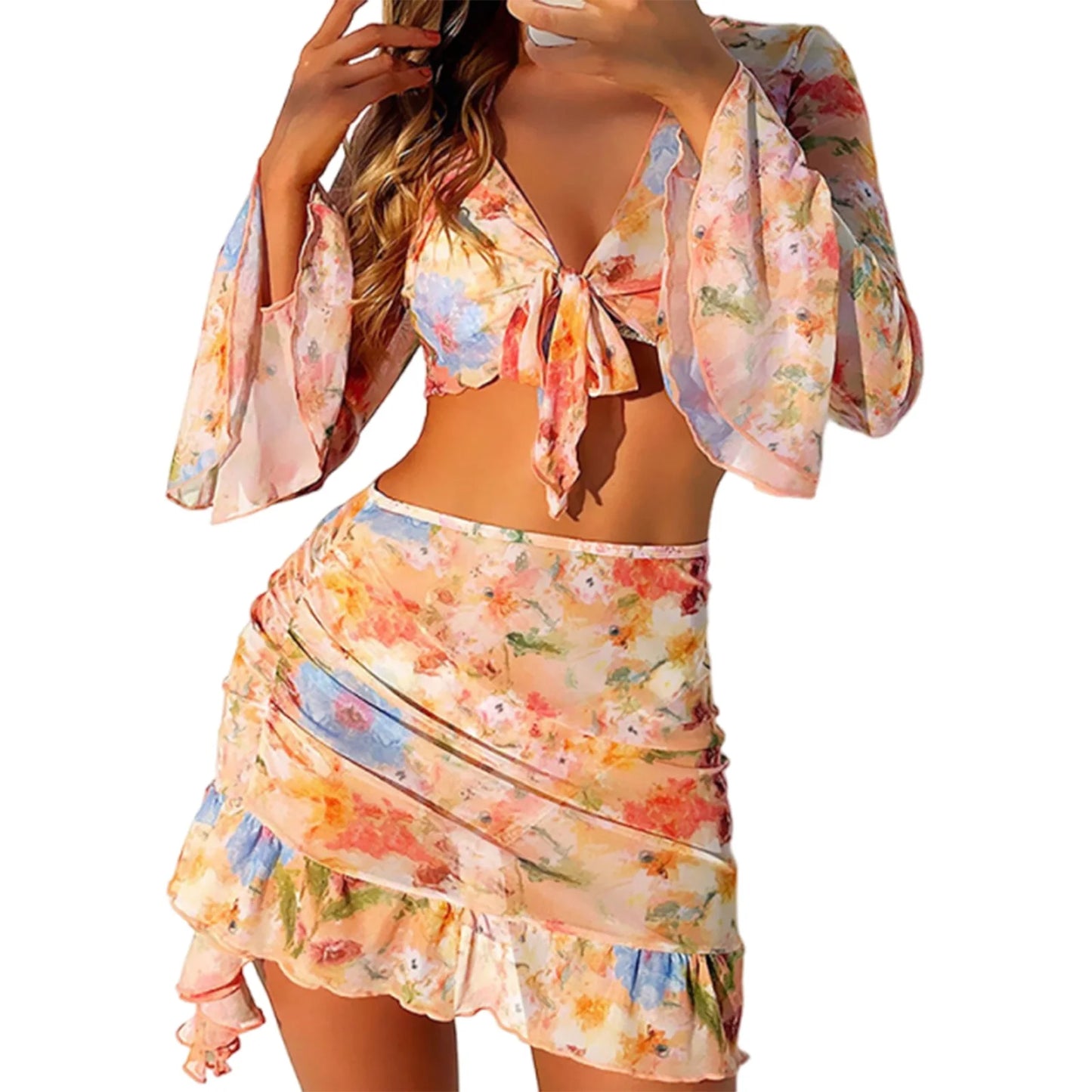2025 Women's Summer Bikini 4 Pcs Set Floral Print Halter Bra with Low Waist Thong Long Sleeve Crop Tops Skirt Swimsuit