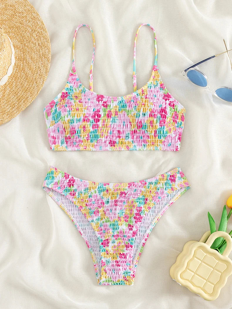 Sexy Pink Floral Print Bikini Set 2026 Women Halter Pleate Push Up High Waist Swimsuit Brazilian Bathing Suit Two Piece Swimwear