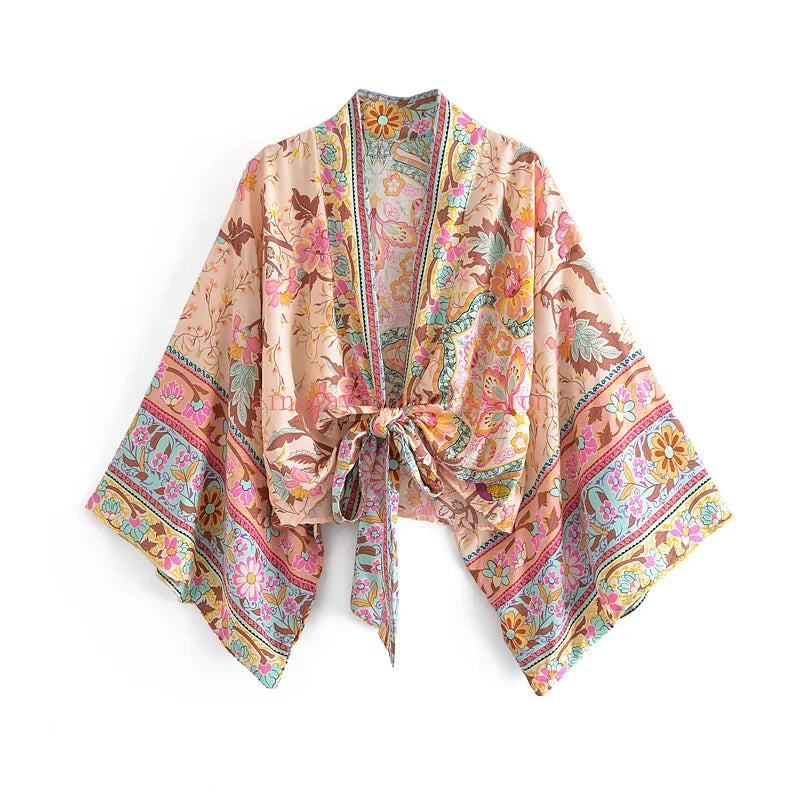 Boho Queens Vintage  Floral Print Sashes Short  Kimono Women New Fashion V Neck Batwing Sleeves Ladies Beach Robe Cover-ups