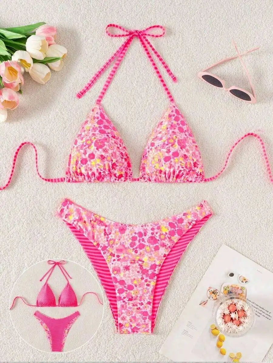 Swim Mod 2pcs/Set Women Cute Random Floral Print Reversible Halter Top And Adorable Bottoms Bikini Swimsuit Set, Holiday &