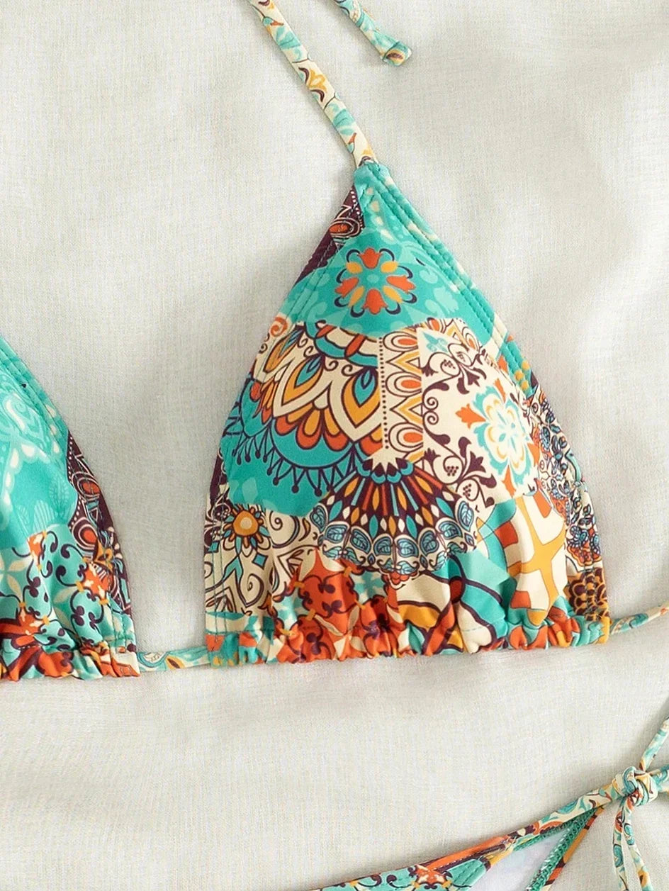 Swimsuit 2025 Female Micro Bikini Women Swimwear Summer Beachwear Women's Bathing Suit Floral Print Neck Halter Thong Bikini Set