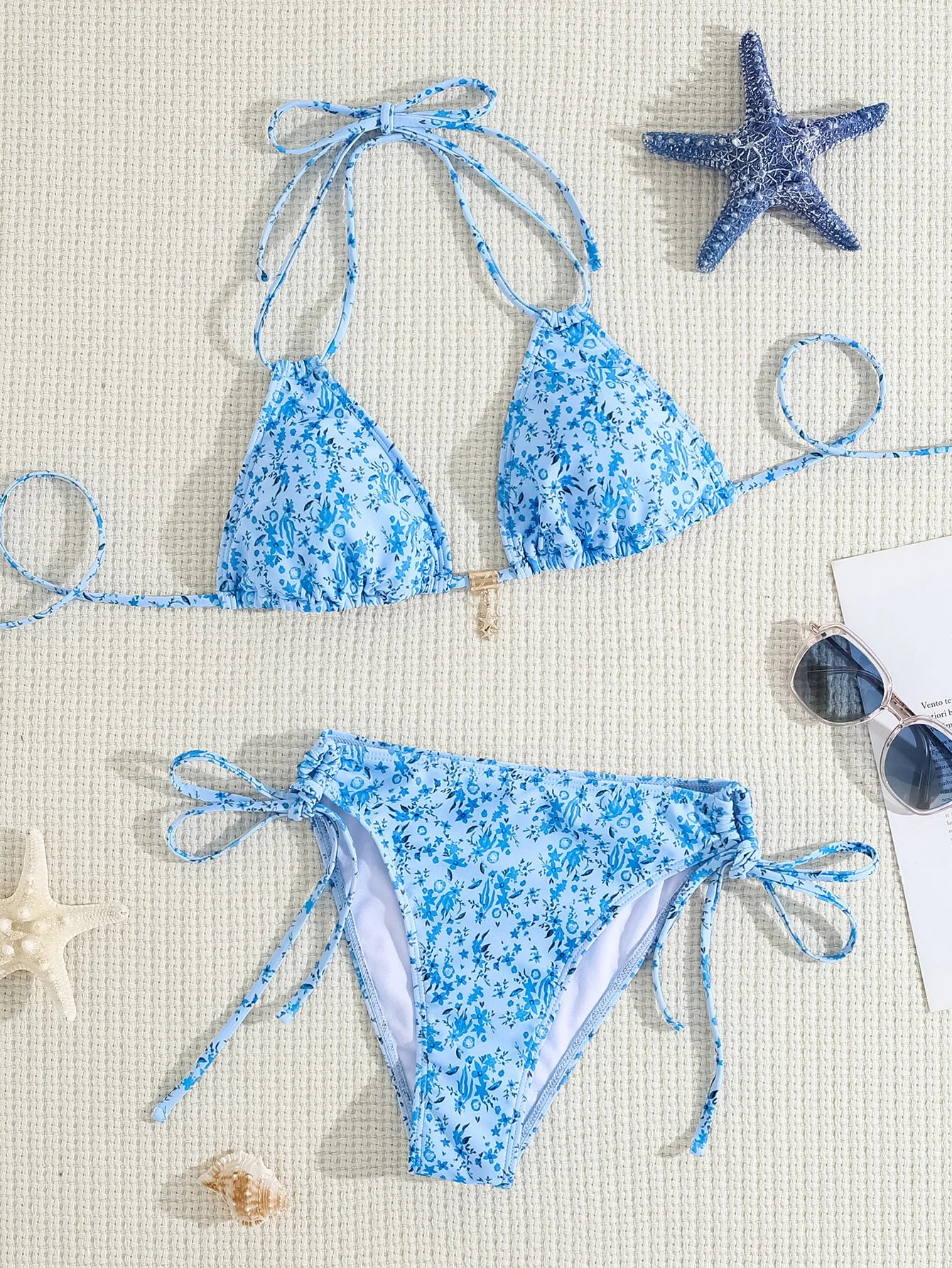 Summer Swimwear Women Sexy Backless Swimsuit 2 PCS Bikini Set Laced Up Split Bathing suit Low Waist Binding Strap Beach Bikini
