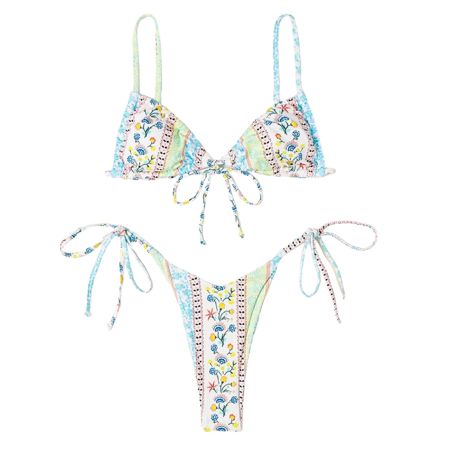 Sexy Bikini Suits Women Vintage Print Low Waist Thin Strap Lace Up Split Swimwear Women Adjustable Size Swim Suits Sexy Lingerie