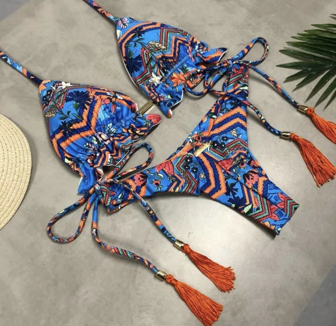 brazilian lace up push up bikini set micro swimwear designer tassels swimsuit beachwear outfit bathing suit women