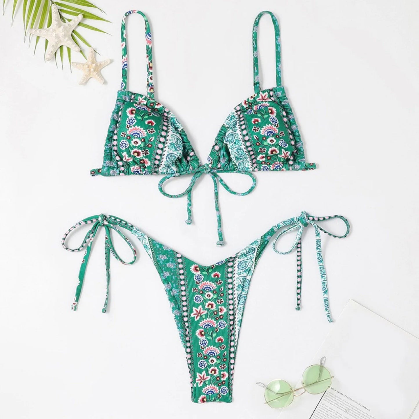 Sexy Bikini Suits Women Vintage Print Low Waist Thin Strap Lace Up Split Swimwear Women Adjustable Size Swim Suits Sexy Lingerie