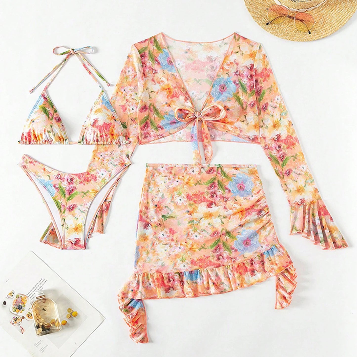2025 Women's Summer Bikini 4 Pcs Set Floral Print Halter Bra with Low Waist Thong Long Sleeve Crop Tops Skirt Swimsuit