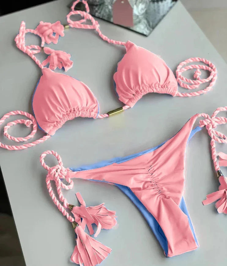 Swimsuit Women Bikinis Set Sexy Drawstring Bikini Beachwear Leopard Two-pieces Swimwear Bathing Suit Lace Up Bikini Set