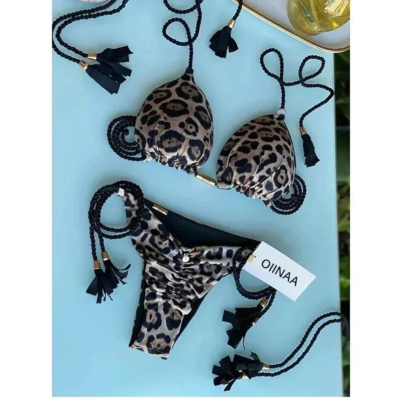Swimsuit Women Bikinis Set Sexy Drawstring Bikini Beachwear Leopard Two-pieces Swimwear Bathing Suit Lace Up Bikini Set