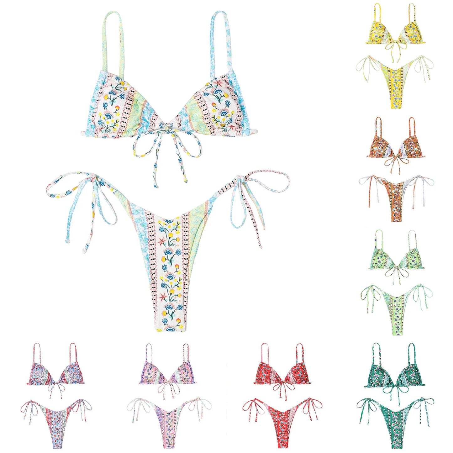 Sexy Bikini Suits Women Vintage Print Low Waist Thin Strap Lace Up Split Swimwear Women Adjustable Size Swim Suits Sexy Lingerie