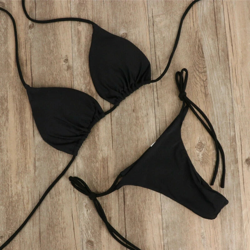 Summer Sexy Solid Bikini Sets Women Tie Side G-String Thong Swimsuit Female Bandage Bathing Suit Brazilian Swimwear Biquini