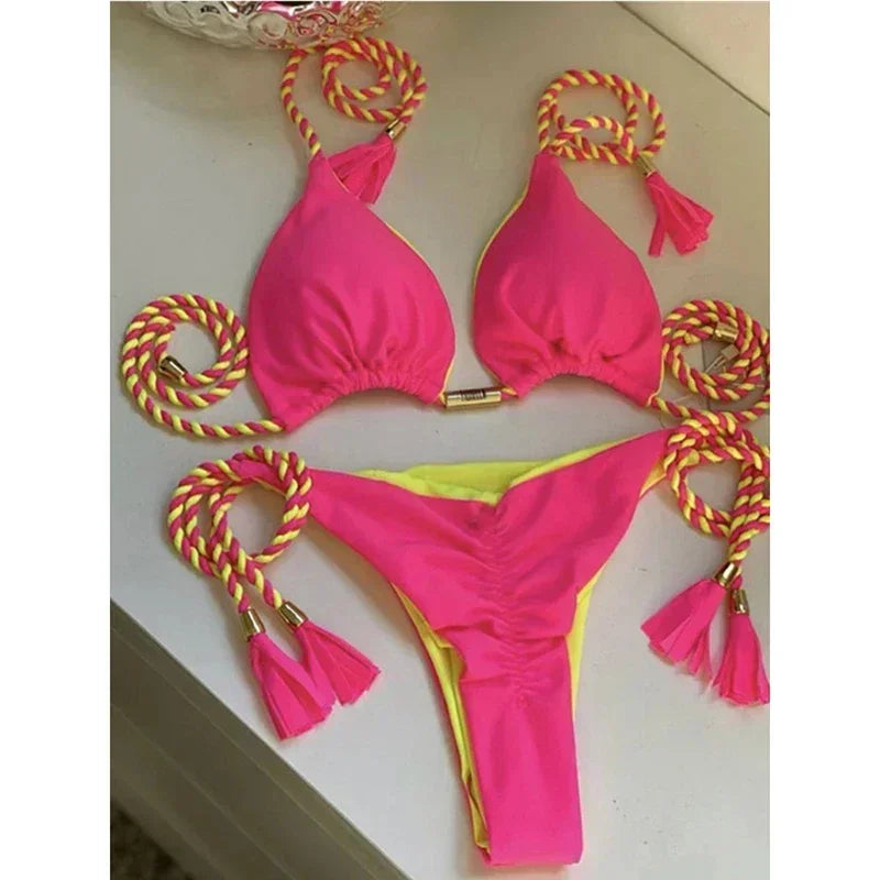 Swimsuit Women Bikinis Set Sexy Drawstring Bikini Beachwear Leopard Two-pieces Swimwear Bathing Suit Lace Up Bikini Set