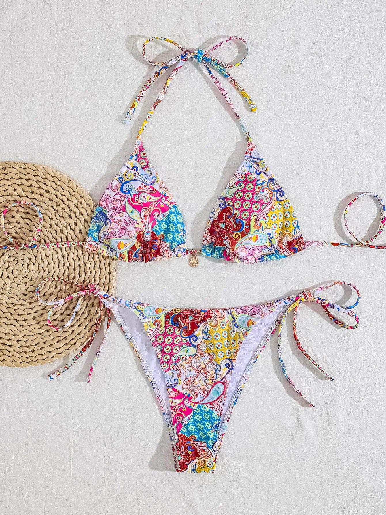 Summer Swimwear Women Sexy Backless Swimsuit 2 PCS Bikini Set Laced Up Split Bathing suit Low Waist Binding Strap Beach Bikini