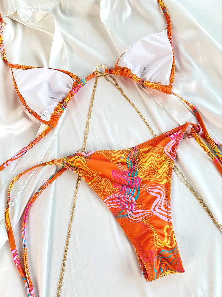 Miyouj 2024 Bathing Suits Triangle Bikinis Printed Swimwear Women's Low Waist Swimsuit Bandage Biquini Set New Two Piece Suits