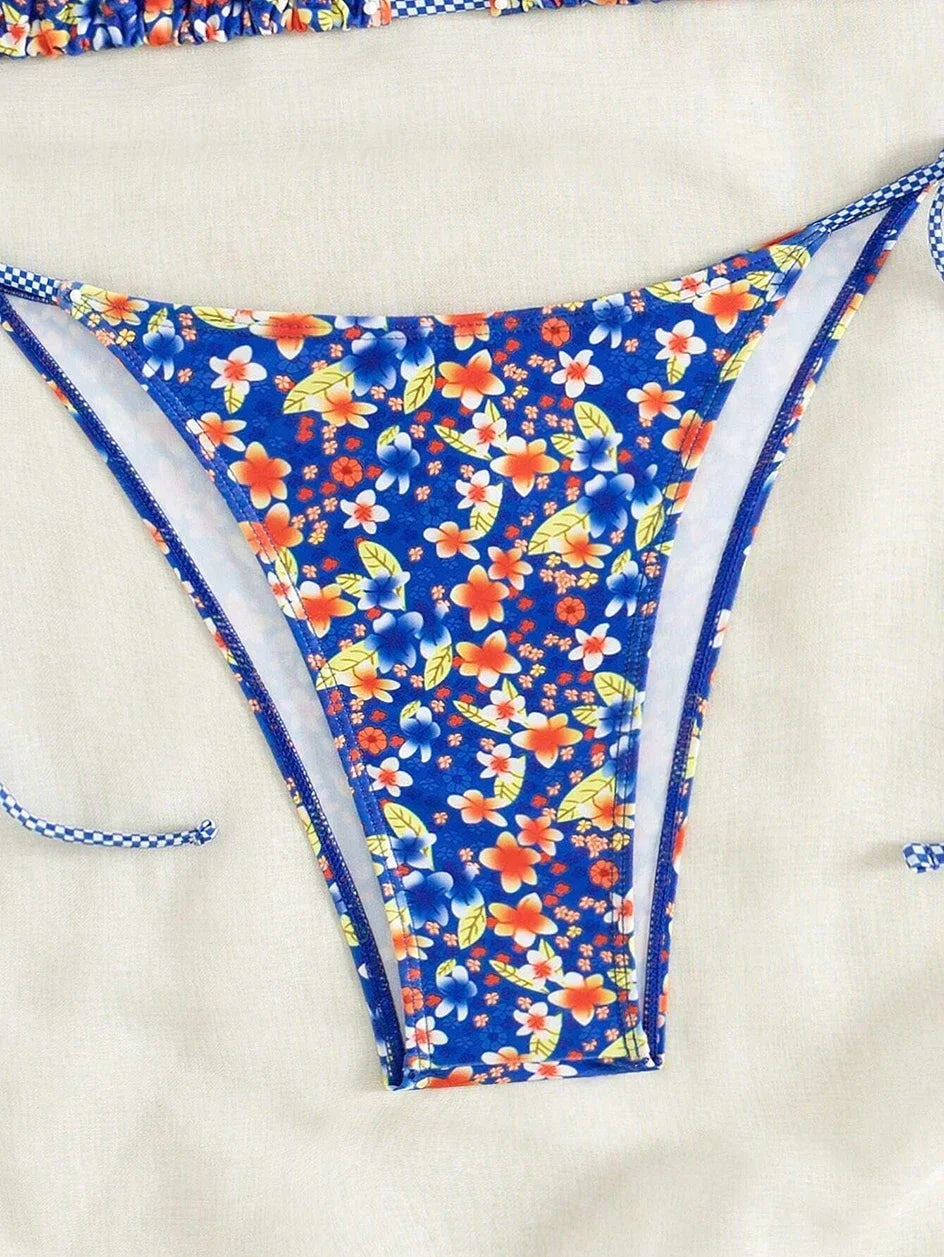 Swimsuit 2025 Female Micro Bikini Women Swimwear Summer Beachwear Women's Bathing Suit Floral Print Neck Halter Thong Bikini Set
