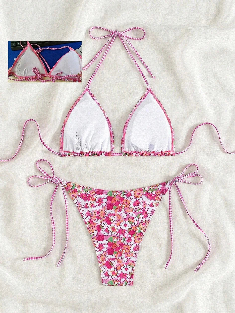 Swimsuit 2025 Female Micro Bikini Women Swimwear Summer Beachwear Women's Bathing Suit Floral Print Neck Halter Thong Bikini Set