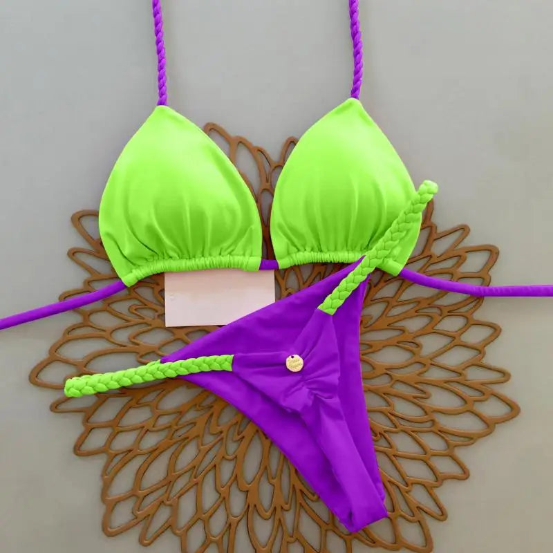 New Multicolor Printed Strap Split Swimsuit Sexy G-string Bikini