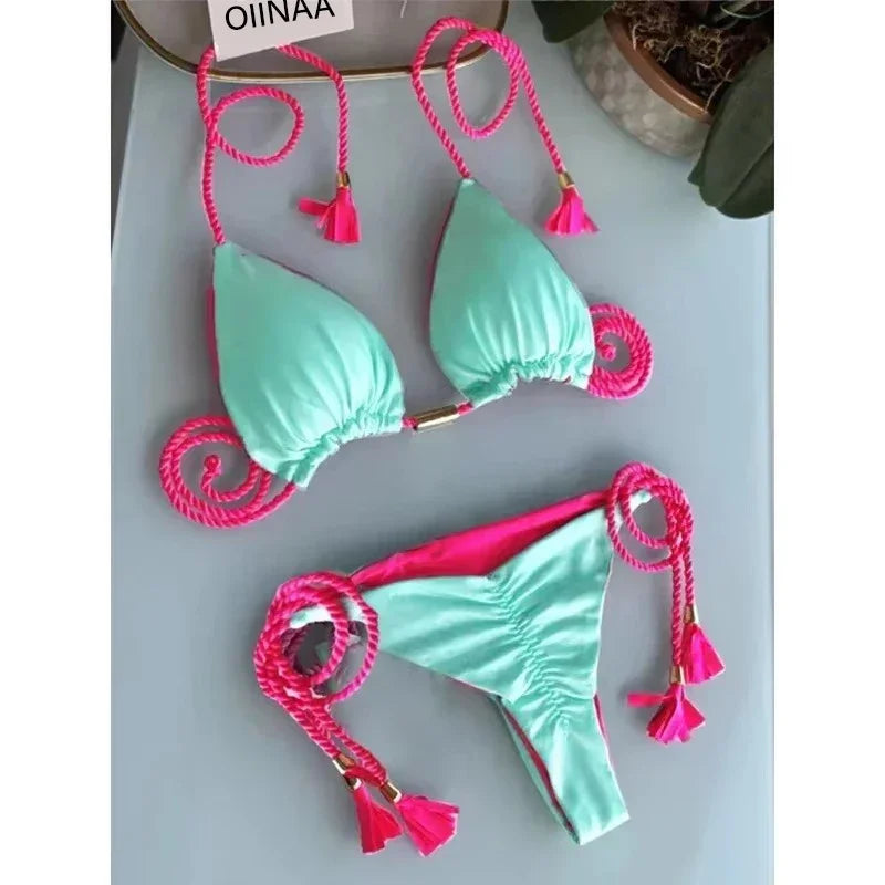 Swimsuit Women Bikinis Set Sexy Drawstring Bikini Beachwear Leopard Two-pieces Swimwear Bathing Suit Lace Up Bikini Set