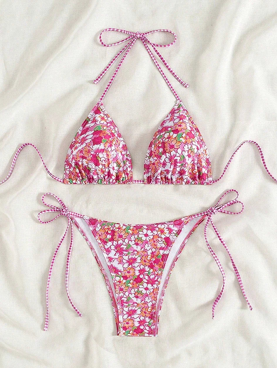 Swimsuit 2025 Female Micro Bikini Women Swimwear Summer Beachwear Women's Bathing Suit Floral Print Neck Halter Thong Bikini Set