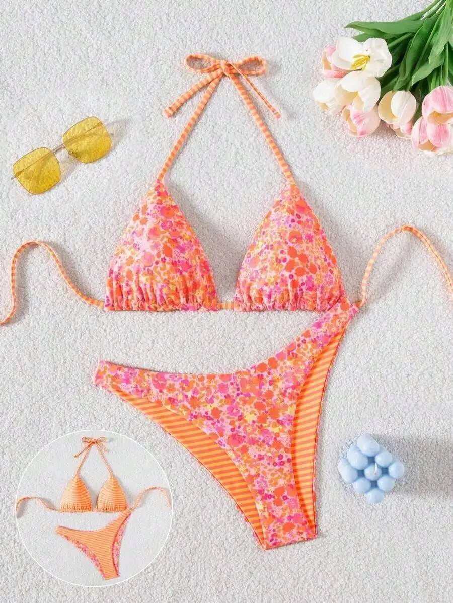 Swim Mod 2pcs/Set Women Cute Random Floral Print Reversible Halter Top And Adorable Bottoms Bikini Swimsuit Set, Holiday &
