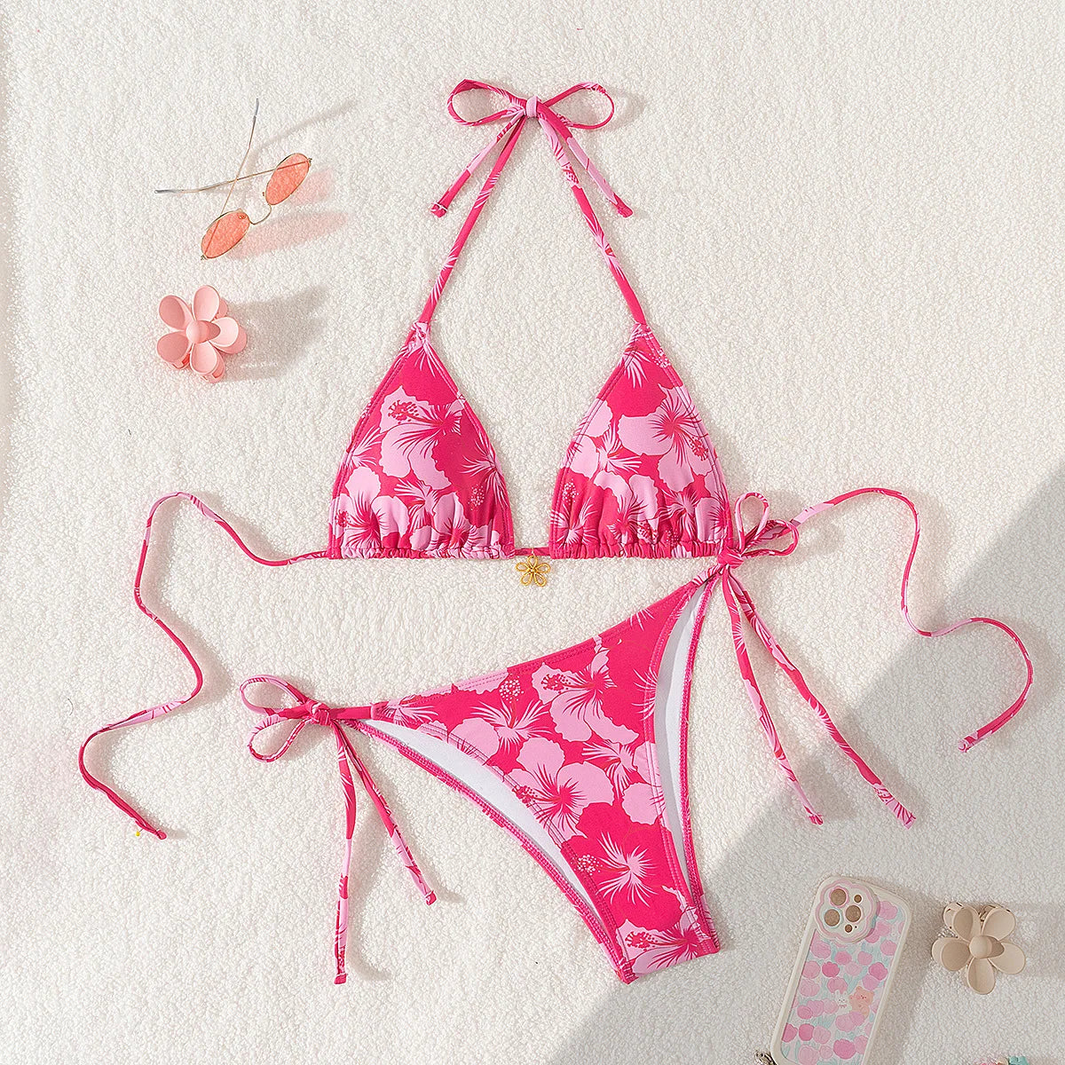 Summer Swimwear Women Sexy Backless Swimsuit 2 PCS Bikini Set Laced Up Split Bathing suit Low Waist Binding Strap Beach Bikini