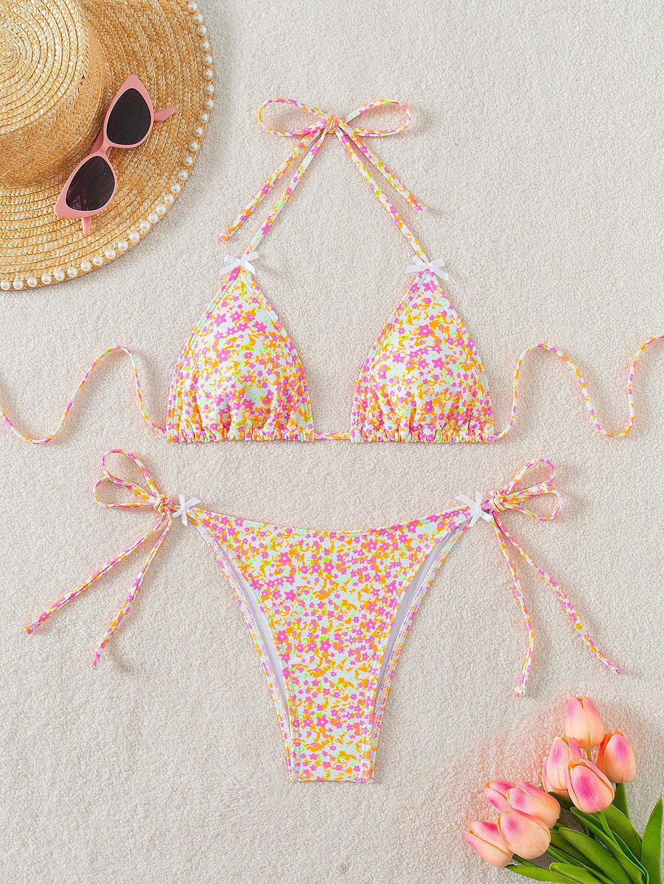 Summer Swimwear Women Sexy Backless Swimsuit 2 PCS Bikini Set Laced Up Split Bathing suit Low Waist Binding Strap Beach Bikini