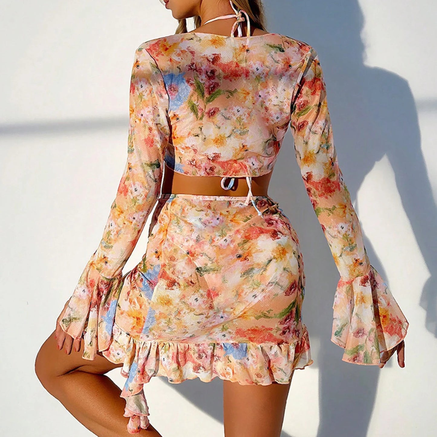 2025 Women's Summer Bikini 4 Pcs Set Floral Print Halter Bra with Low Waist Thong Long Sleeve Crop Tops Skirt Swimsuit