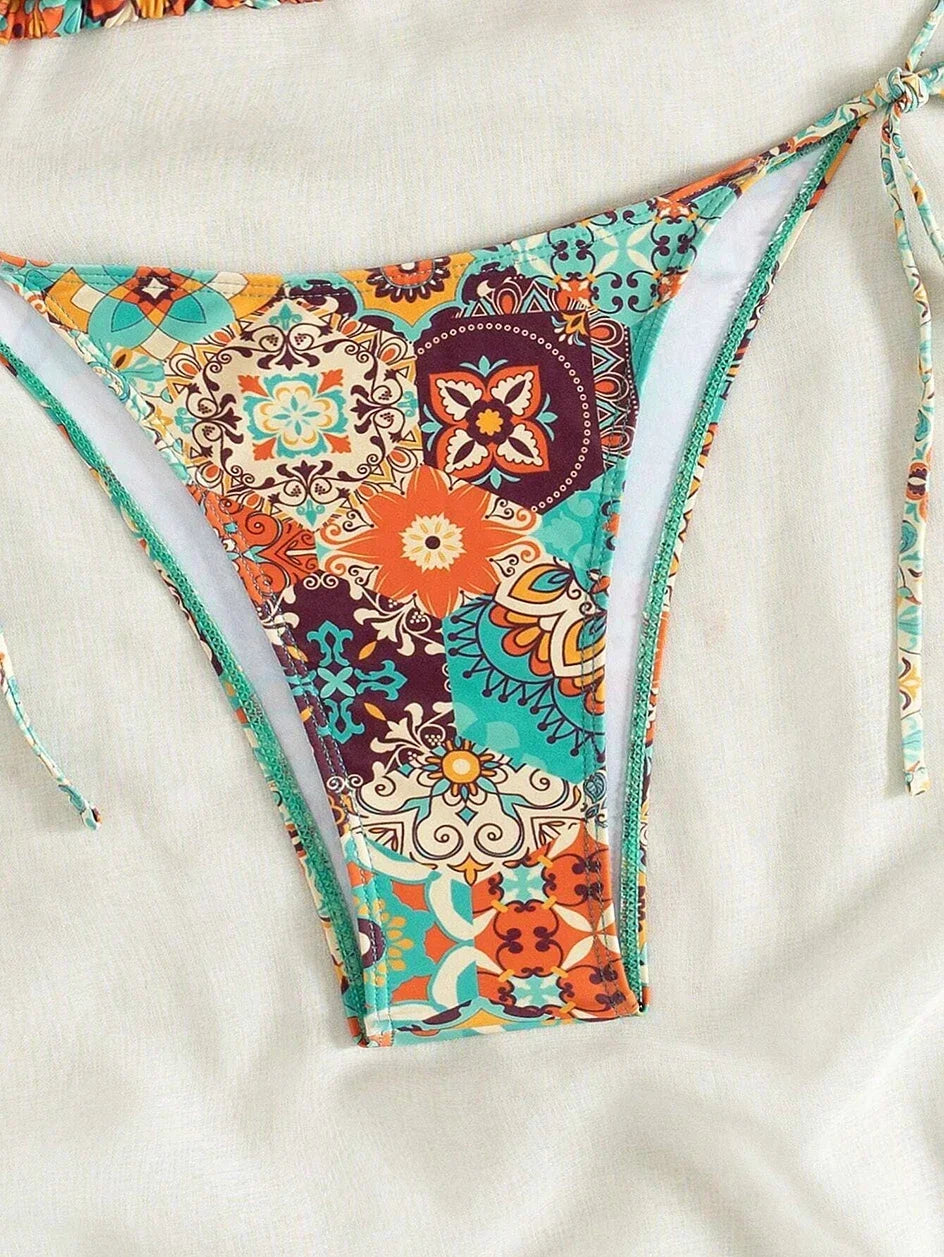 Swimsuit 2025 Female Micro Bikini Women Swimwear Summer Beachwear Women's Bathing Suit Floral Print Neck Halter Thong Bikini Set